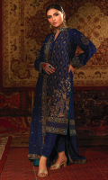 'Angan' is an intricately embroidered dark blue outfit with heavy zardozi work and a touch of contrasting resham. This dress is composed on the theme of mehrab, floral and geometric patterns. A band collar is added to the shirt and is paired with raw silk straight pants with gota lace finishing. The medium silk dupatta features the elaborate zardozi border and chan booti. A customized pouch can be added to the outfit upon request.