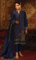 'Angan' is an intricately embroidered dark blue outfit with heavy zardozi work and a touch of contrasting resham. This dress is composed on the theme of mehrab, floral and geometric patterns. A band collar is added to the shirt and is paired with raw silk straight pants with gota lace finishing. The medium silk dupatta features the elaborate zardozi border and chan booti. A customized pouch can be added to the outfit upon request.