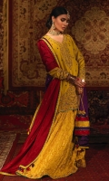 'Kasturi' channels a traditional charm and reveals in the beauty of this lime green short shirt with alluring zardoze work and resham in turquoise, purple and maroon. It is finished with a turquoise gota lace. This outfit is beautifully coordinated with a pure banarsi gharara with exquisite handwork. It comes with a reversible medium silk dupatta in purple and red with gota lace finishing and lime green paltawa with fabric tassels on the borders. Style this outfit with our chatta patti pouch with gota lace finishing and hand embellished dori tassel which can be separately ordered from separates section.