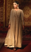 'Shireen' is a definition of grace and simplicity. This front-open pure raw silk ensemble in beige, with its meticulously hand-crafted zardozi and resham work, in accents of gold and copper enriches the grandeur of the garment. The intricate geometric and bird motifs on daman, sleeves, front and back gives a modish appeal to an already regal garment, creating a perfect combination. It is paired with a net beige dupatta with hand embroidery on borders. The look is completed with banarsi beige straight pants which compliment the banarsi finishings on the dupatta and frock . A customised pouch can be made on order to complete the look.