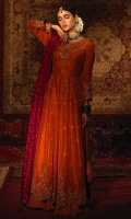 'Itr' is a royal ensemble with a timeless appeal. The vibrant rust hue of the heavily flared kalidaar gives a luxurious feel, further enhancing the delicate handwork of gemstones, zardozi and aari on aesthetically composed damask and jewelry motifs on the neckline, daman and sleeves. The accents of pink and blue, with cutwork on daman and pleated net finishing adds to the opulence of the ensemble. The frock is paired with a contrasting cherry pink pure banarsi silk dupatta with embroidered tassels on corners. The look is complete with pure raw silk rust churidar and an embroidered rust pouch with doori- tassel finishing which can be separately ordered from separates section.