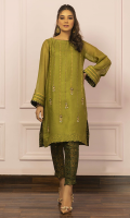 Sarsabz is a straight dhaani green kurta with intricate handworked pattern with kora, dabka, resham and gota. It is finished with dark green banarsi and black gota lace. It is paired with dark green banarsi straight pants.
