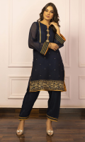 Neela is a deep ink blue khaddi net kurti with a detailed handcrafted gold border on the daaman and decorated brooches on the neckline, along with delicate chan overall. It is paired with a similar coloured PK raw silk shalwar which is adorned with deep gold laces on the hems.