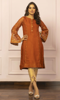 Zafran is a tangerine cotton net shirt embellished with intricate mirror and gota detailing on sleeves. The beautiful neckline adorned with buttons and gota flowers. It is paired with gold straights pants.