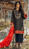 “Alara” is a classic straight kurta heavily embellished with gota, kora and dabka. The embroidery is done on black pk raw silk with applique of red and pink. The look is completed with matching culottes with red and gold finishing, it comes with a contrasting red chunri dupatta with black and gold finishing.