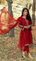 Sanem is a maroon straight shirt in pk raw silk paired with a matching tulip shalwar. It has intricate embroidery on front and sleeves with colored organza applique. A matching dupatta is given with handmade tassels.