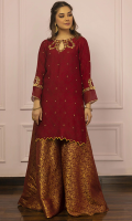 Mehroon is a maroon jacquard kurti with intricate contrasting colors handwork on neckline and sleeves. It has cutwork on hem and pearl chan on front. 
