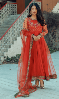 “Ella” is an orange net kalidar with heavy stone work on neckline and sleeves with contrasting hot pink applique work. The outfit is finished with green banarsi and gold lace. The look is completed with matching straight pants and net dupatta with green and gold finishing.