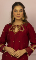 Mehroon is a maroon jacquard kurti with intricate contrasting colors handwork on neckline and sleeves. It has cutwork on hem and pearl chan on front. 