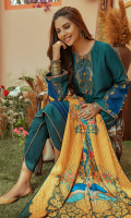 "Novera" is a dark green classic straight cut outfit with embroidered patch neckline and the sleeves are given in contrasting resham thread work. It comes with a contrasting yellow shawl with heavy  handmade tassels and a matching tulip shalwar is given to enhance the look.
