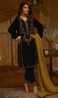 Heba is a black velvet shirt heavily hand crafted on the neck with zardosi and dainty lace finishing. It is offset with a matching shalwar with embroidery on it. The stunning dhaani dupatta completes the look with black and orange accent colour lace finishing.