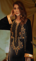 Heba is a black velvet shirt heavily hand crafted on the neck with zardosi and dainty lace finishing. It is offset with a matching shalwar with embroidery on it. The stunning dhaani dupatta completes the look with black and orange accent colour lace finishing.