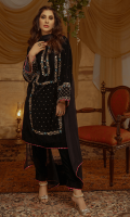 Imane is a beautiful black velvet outfit with exquisite handwork on neckline and sleeves. The shirt is adorned with handcraft of hot pink and turquoise kora, dabka, aari and moti. It is paired with matching velvet straight pants and a black chiffon dupatta with pink gota lace finishing.