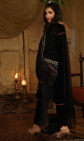 Imane is a beautiful black velvet outfit with exquisite handwork on neckline and sleeves. The shirt is adorned with handcraft of hot pink and turquoise kora, dabka, aari and moti. It is paired with matching velvet straight pants and a black chiffon dupatta with pink gota lace finishing.