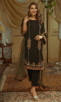 Amira is classic army green velvet outfit, paired with velvet straight cut pants and chiffon dupatta with banarsi finishing. It is beautified with heavy embellishment of hand work of arri, kora, dabka, gota flowers and pink accented resham.