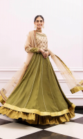 Gehrai is an elegant gold choli, infused with sequins and kora dabka handwork. The olive green applique work around the neckline and sleeves brings out the overall look of this outfit. The lehenga is highlighted with green banarsi finishings and laces. It is paired with beige net dupatta with lace, green banarsi and maroon finishings.