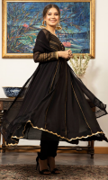 'Night Fall' is a luxurious black khaddi net peshwas. It is complemented with copper screen printed bodice and sleeves, with copper lace finishing's all over the outfits. The stunning outfit is paired with black raw silk churidar and a matching chiffon dupatta.