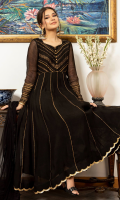 'Night Fall' is a luxurious black khaddi net peshwas. It is complemented with copper screen printed bodice and sleeves, with copper lace finishing's all over the outfits. The stunning outfit is paired with black raw silk churidar and a matching chiffon dupatta.