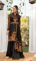 Embroidered Chiffon Shirt Front (1.3 Yards) Embroidered Chiffon Shirt Back (1.3 Yards) Embroidered Chiffon Sleeves 0.60 Yards) Embroidered Chiffon Dupatta (2.36 Yards) Embroidered Chiffon Dupatta Border Dyed Rawsilk Trouser (2.5 Yards) Dyed Cotton Silk Linning (2.5 Yards) 5 golden balls
