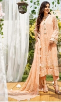 Embroidered Chiffon Shirt Front (1.1 Yards) Embroidered Chiffon Shirt Back (1.1 Yards) Embroidered Chiffon Neck Patti Embroidered Chiffon Front + Back Border Embroidered Chiffon Sleeves (0.6 Yards) Embroidered Chiffon Dupatta (2.5 Yards) Embroidered Chiffon Dupatta Border Dyed Rawsilk Trouser (2.5 Yards) Dyed Cotton Silk Linning (2.5 Yards) 3 embroidered buttons