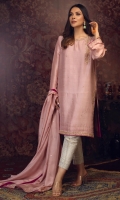 'NAZM'' is breathtaking outfit with detailed asymmetrical embroidery with gold kora, zaari and dabka composed on round neckline with detailed embellished slit. To add a pop color to enhance the softness of base color, dark pink hue is added at the finishing on the sleeves and neckline. It is paired with pure silk dupatta with the hand embroidery on the edges to give it appealing look.