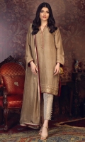 'Pareesa' A classy outfit in beige color with accents of deep reds to flawlessly balance the theme of the outfit. Improvising detailed work on the overlap neckline and on sleeves border and a spray of sequins all over the shirt and pure silk duppata detailed with the lace on four sides of the dupatta. This ensemble is perfect for pre-wedding events.