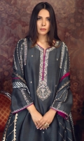'ZEB'' is an appealing charcoal grey ensemble crafted with ivory embroidery, glittering with delicate kora work on the long neckline and sleeves with intricate lines of hand embroidery. The pure raw silk shirt is paired with pure silk screen printed dupatta with a hint of magenta in the finishing making it a perfect outfit for a formal events like an engagement.