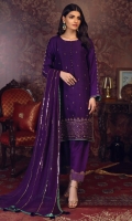 'Meher' is an ethereal piece of craftmanship. The rich deep purple hue is bound to get attention as it sparkles through gold kora, dabka, zari and aari work on the daman creating a perfect attire. Featuring a pure chiffon purple tone embellished dupatta. It is enhanced with our signature screen-printed finishing on sleeves, daman and dupatta.