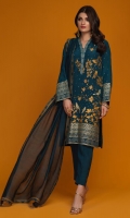 'Mirha' a beautiful teal blue raw silk with contemporary gold and silver screen print detailed with kora, dabka and resham work. It is paired with a beautiful teal khaddi net dupatta with screen printed finishing and hand embellishments.