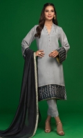 'Vasl' a contemporary light grey raw silk shirt with slightly belled sleeves. It is adorned with screen printed dark grey borders hand embellished with resham, kora and dabka. The neckline is detailed with scallops and hand embellishments all around. Screen printed finishing is giving for more finesse. It is paired with dark grey khaddi net dupatta with screen printed finishing and hand made loops.