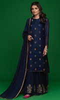 'Elif' make a bold style statement , a khaddi net outfit in navy blue with gold screen print and beautiful work of kora, dabka and resham. It is paired with a matching khaddi net dupatta with lace and handmade finishing, along with screen printed raw silk dhaka pajama.