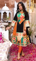 A-Line kameez in self embroidered cotton chikan with box panels in saffron orange bordered with charma dori. Side panels in black chikankari with silver embroidered chatta. Detailed neckline in patchwork of different textures and embroidery composed in hues of turquoise and coral. Intricate daaman border with embossed hand stitched fish scallops along with dabba chatta patti and printed silk panels bordered with floral embroidery on both ends. Textured rose gold lappa and silk border on sleeves cuffs. Paired with orange cigarette pants. ( 2PC STITCHED)