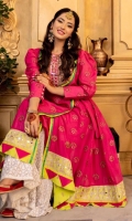 A modern take on classic angrakha in a gorgeous fuchsia pink color, embroidered and draped in a angrakha cutline with puffed sleeves, mirror worked neckline in a striking lime green to match the edging. Detailed daaman flare with mirror worked embroidery and solid colored edging. Paired with white gold dust printed bottoms and dupatta.