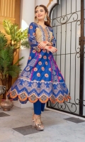 Royal blue lawn A-line paneled kameez with embroidered neckline and bodice in tilla and thread embroidery. Embroidered kameez and sleeves in orange hued motifs. Gold dust printed scalloped daaman with charma dori.  3 Pieces Stitched outfit