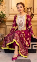 Faalsa colored high-low hem style embroidered kameez with block print style arch shaped daaman flare border and cuffs on sleeves, lime green edging in contrast along with blingy studs on gold silver print. Intricately embellished neckline over on white base multi-colored embroidery.   3 Pieces Stitched outfit
