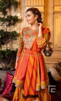 A classic eid outfit inspired from vintage mughal prints fused with floral embroideries. Lawn paneled top in cherry red and mehndi green traditional printed material, gather string sleeves in print adorned with charma dori. Embroidered neckline and textured lace around flare.  Paired with Tredition’s printed Gharara and chiffon dupatta  3 pcs Stitched Outfit