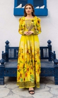Vibrant yellow maxi with sunflower print all over, textured motif with pearl embellishment on neckline along with hand-stitched ruffles.  Frock only