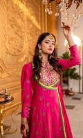 A modern take on classic angrakha in a gorgeous fuchsia pink color, embroidered and draped in a angrakha cutline with puffed sleeves, mirror worked neckline in a striking lime green to match the edging. Detailed daaman flare with mirror worked embroidery and solid colored edging. Paired with white gold dust printed bottoms and dupatta.