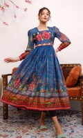 Rich blue lawn maxi with tradition print in blossom theme, 3D embroidered rose motif on neckline and puff together sleeves.