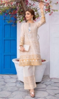 Ivory jacquard kameez with a blend of embroideries in gold and silver adorned with complementing charma dori, mirror embellishment over embroidered neckline, sleeves and daaman border. Paired with jacquard trousers and organza check dupatta.  3p STITCHED outfit
