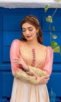 Jacquard panelled maxi with bodice in coffee gold base embroidered in pastel hues of pistachio green and pinks adorned with 3D rose buttons. Pink organza sleeves finished with embroidered cuffs, neon green gold dust printed daaman flare border.  3 pieces stitched outfit