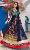 Pure organza gown in a beautiful navy blue shade with printed georgette mid panel, embroidered bolero in beautiful shades of turquoise edged with solid red fabric and gota crescents. Daaman flare and sleeves bordered with gota textured embroidery and printed scallops along with red edging.  1 piece outfit