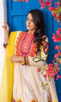Ivory gold jacquard flared top with vibrant neckline in orange magenta all hand embellished with pearl and beaded details. Patchworked sleeves and daaman flare border in similar print. Paired with matching jacquard trousers  3 pieces Stitched Suit