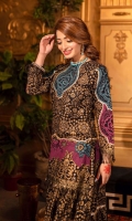 These matching separates are a fusion of chunri print in a modern color palette. Black lawn base with gold dust print kameez adorned with magenta turquoise ascents and charma dori paired with flared sharara in same elements.  2 Pieces Stitched outfit