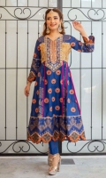 Royal blue lawn A-line paneled kameez with embroidered neckline and bodice in tilla and thread embroidery. Embroidered kameez and sleeves in orange hued motifs. Gold dust printed scalloped daaman with charma dori.  3 Pieces Stitched outfit