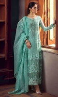 Tantalize this season in this glorious aqua canvas decorated with intricate embroidery all over highlighted with alluring border and lace trims. Complete the look with aqua pants and organza dupatta with embroidered border on four sides.