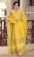 A classically elegant look in this unique yellow allured with intricate embroidered floral all over with detailed border and lace trims. Pair it up with straight pants and yellow organza dupatta finished with embroidered border all around.