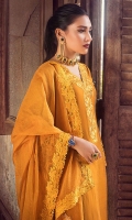 Perfect for this festive season. This exquisitely embroidered long shirt is accentuated with daaman, sleeves and floral neckline paired with pants and same colored organza dupatta with embroidered border on four sides that gives a perfect ending to this outfit.
