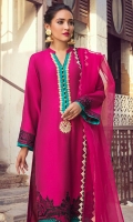 We are bringing you an elegant styled long shirt adorned with beautiful neckline and intricate embroidered border. It comes with fuschia pants and organza dupatta allured with kingri finishings all around the edges.