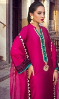 We are bringing you an elegant styled long shirt adorned with beautiful neckline and intricate embroidered border. It comes with fuschia pants and organza dupatta allured with kingri finishings all around the edges.
